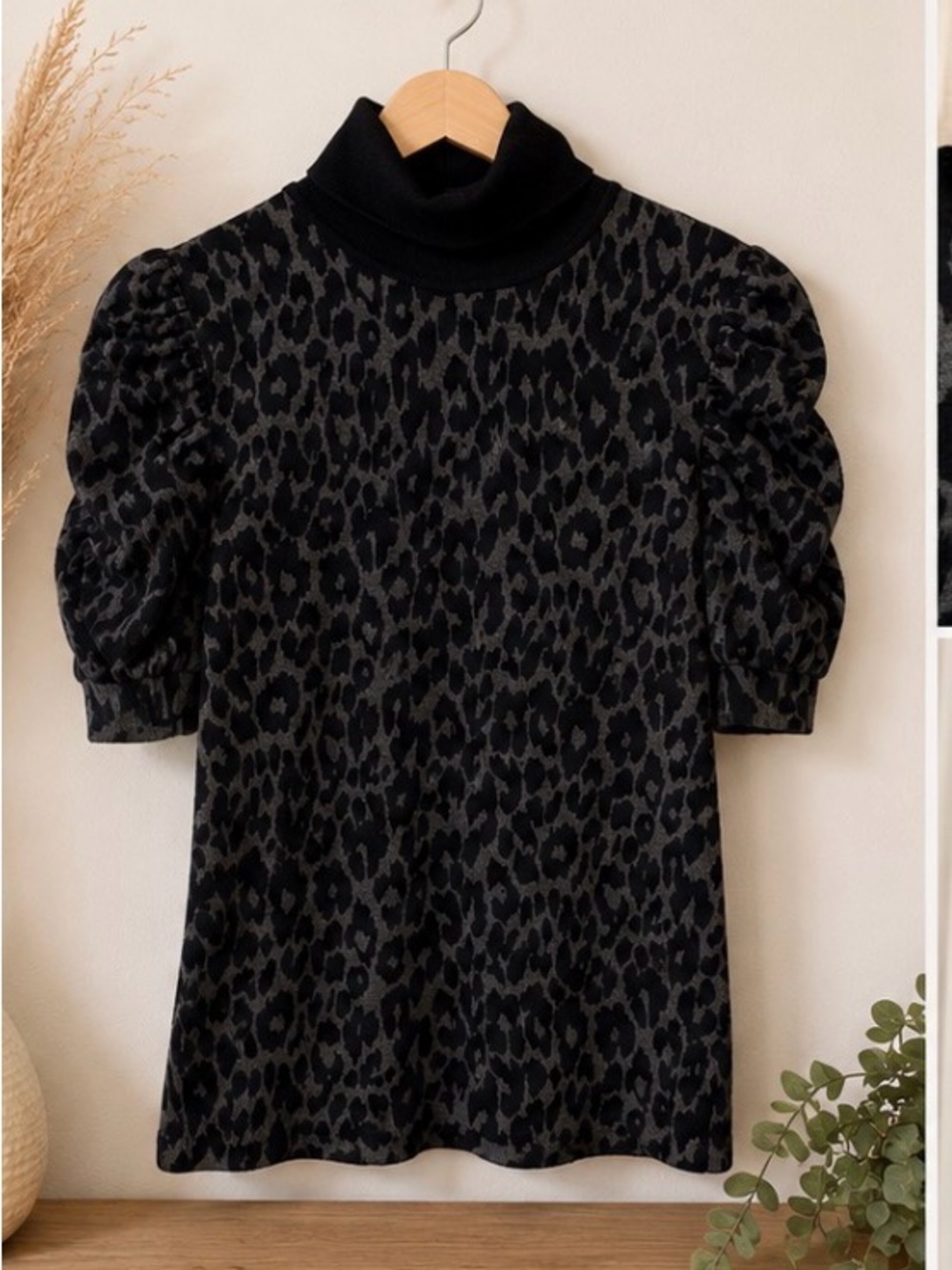 Style & Co Leopard Print Puff Sleeve Turtleneck Sweater | Petite Medium